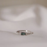 One-Of-A-Kind Midi Baguette Cluster Ring with a Teal Sapphire and Diamonds in White Gold