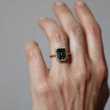Solitaire Ring with Dark Green Tourmaline and Diamond Halo