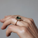 Solitaire Ring with Dark Green Tourmaline and Diamond Halo