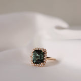 Solitaire Ring with Dark Green Tourmaline and Diamond Halo