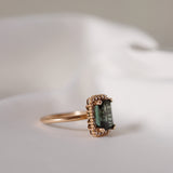 Solitaire Ring with Dark Green Tourmaline and Diamond Halo