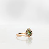 One-of-a-Kind Drop Ring with a Green Tourmaline Drop and a Halo of Black and White Diamond Brilliants